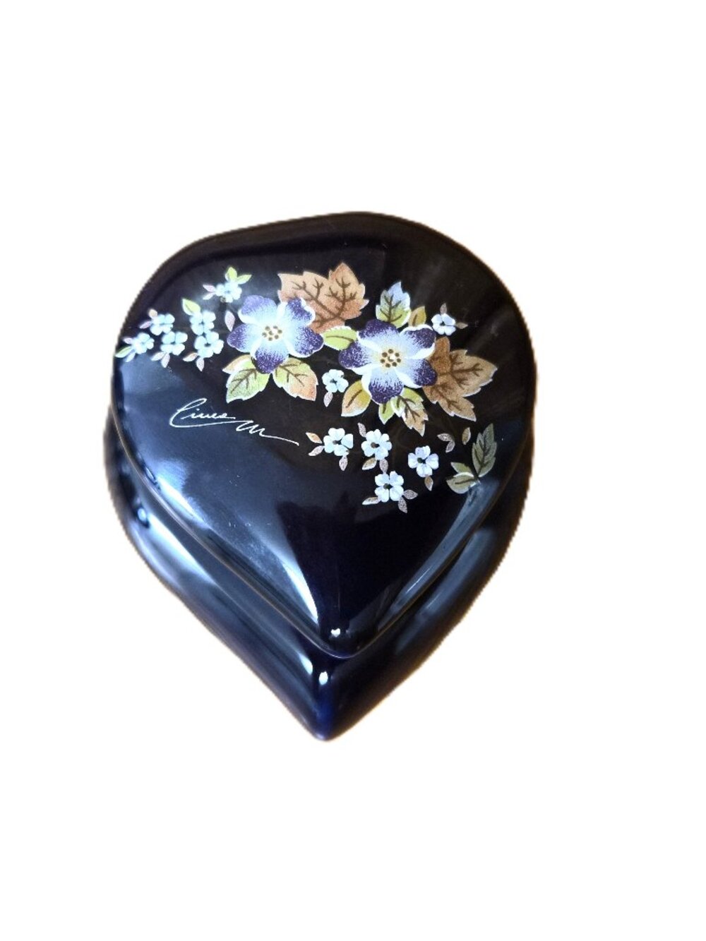 VTG Hand‑Painted Porcelain Heart Trinket Jewelry Box Dark Blue Floral Romantic
